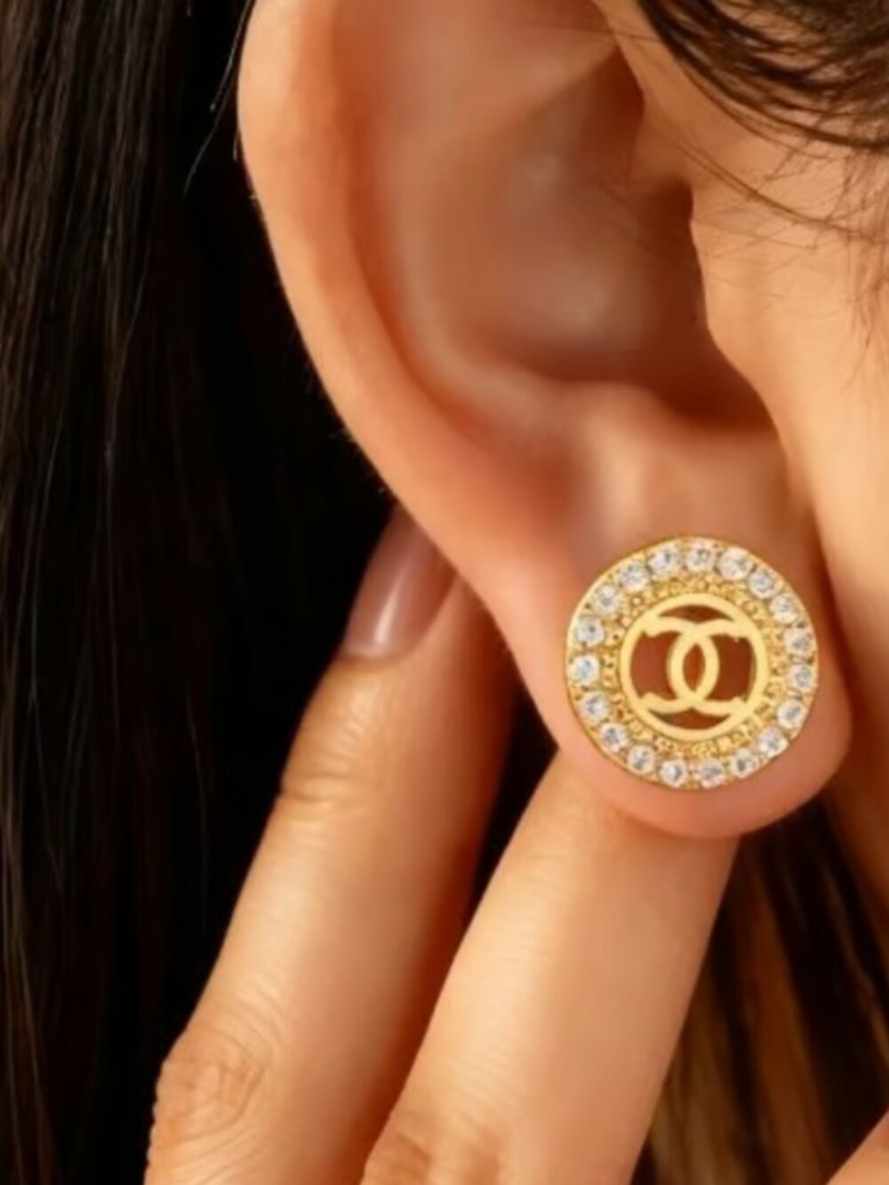 CC Gold and Rhinestone Round Stud Earrings